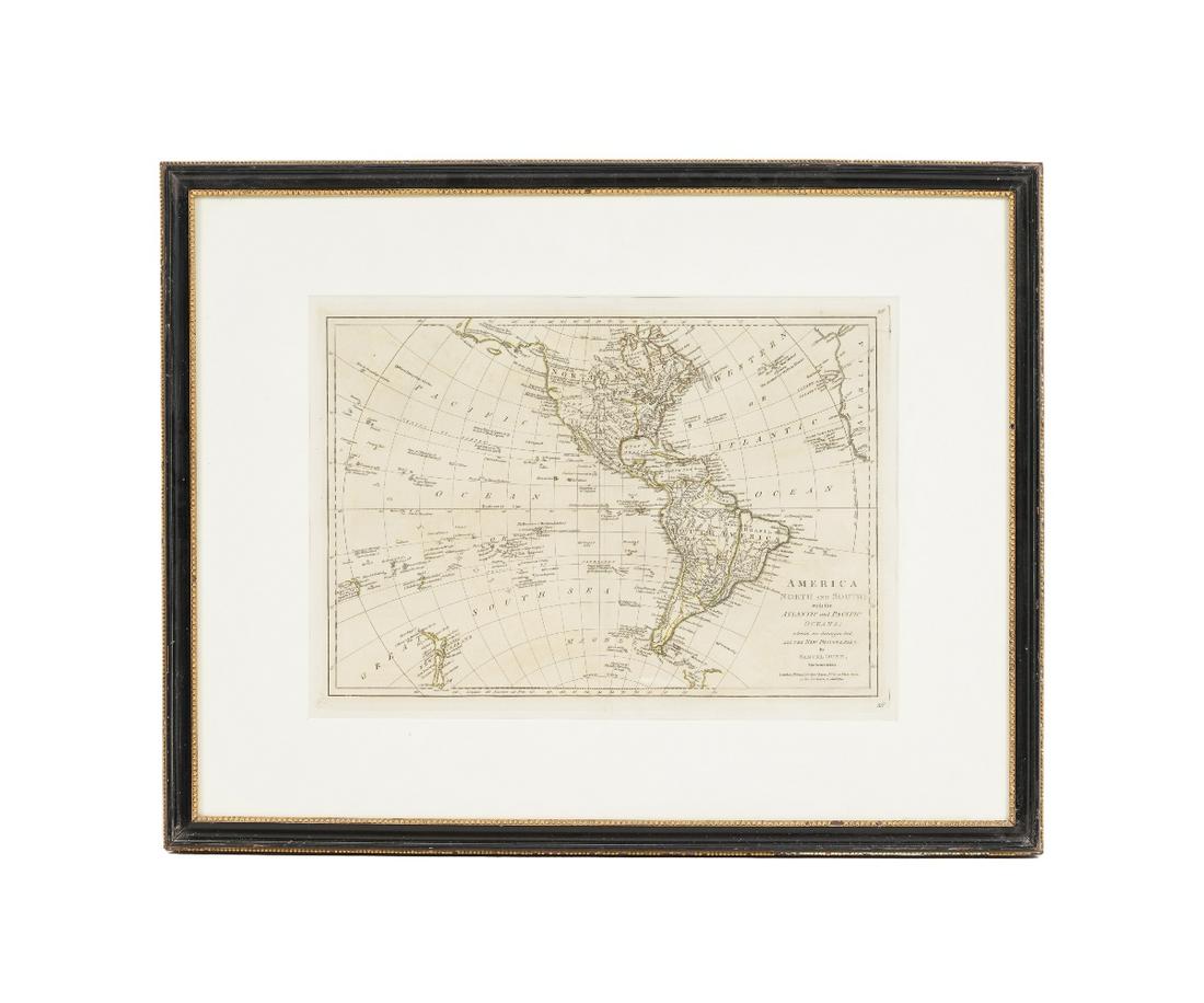 EARLY MAP OF AMERICA NORTH AND SOUTH: Map of "America North and South with the Atlantic and Pacific Oceans" by Samuel Dunn, London, framed and matted, printed by Rob Sayer 1774. 13.25" x 18.75" ss / 22" x 28" oa