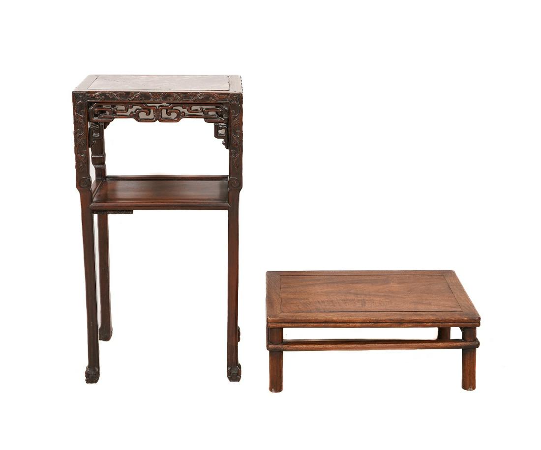 ASIAN CARVED END TABLE: Asian carved end table with marble top (cracked) and lower shelf, 19th c., together with a low table Tallest: 31.5"h x 16.5"w x 12.5"d