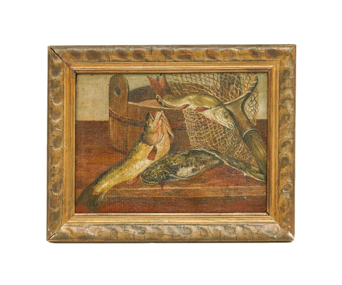OIL ON BOARD STILL LIFE: Oil on board still life of fish, early 20th c., unsigned and mounted in a gilt frame. 10" x 13.5" ss / 14" x 17.5" oa