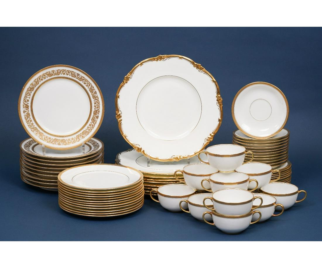 ROYAL CAULDON PLATES etc.: Nine gilt rim decorated dinner plates by Royal Cauldon in the "Eden" pattern; together with Oxford plates, Limoges cups etc. Total 66 pieces.Largest plate: 11"dia