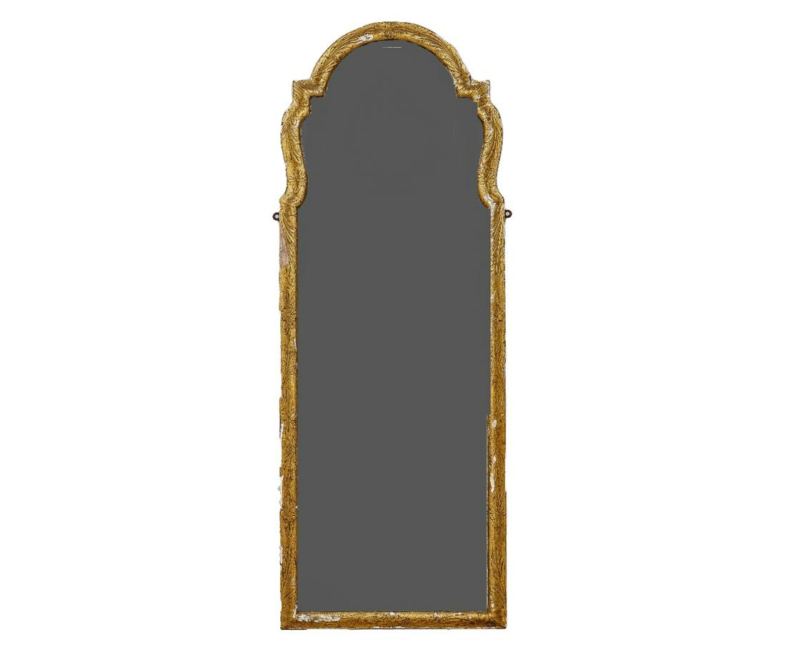 QUEEN ANNE MIRROR: Queen Anne gilded mirror with what appears to be old beveled glass. 53"h x 20.5"w