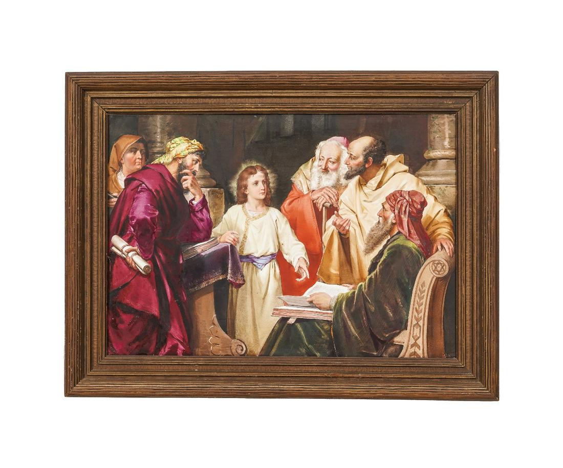 GERMAN PORCELAIN RELIGIOUS PAINTING: Large German colorful painting on porcelain of Jesus in the Temple, unmarked, mounted in a gilt frame. 14" x 20" ss / 18.5" x 24.5" oa