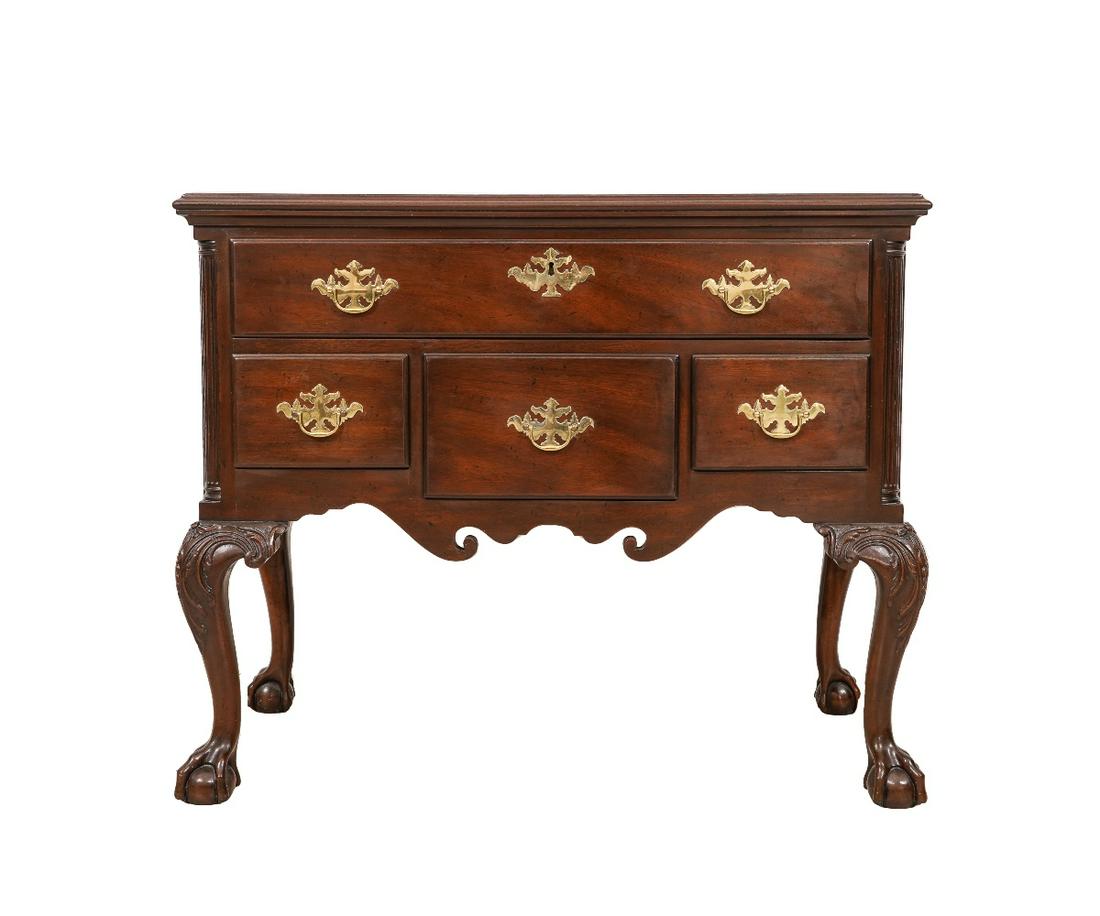 KITTINGER CHIPPENDALE STYLE LOW BOY: Kittinger Colonial Williamsburg Chippendale style mahogany low boy with Ball & Ball lock. 31.5"h x 38.5"w x 20"d