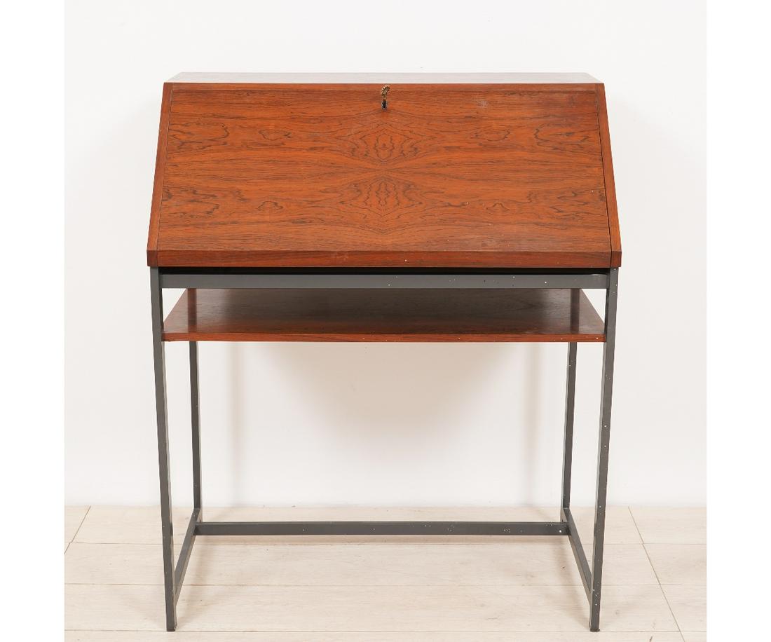 MODERNIST/INDUSTRIAL DESK: Modernist/Industrial style figured wood slant lid desk with maple interior and gray metal base. 38.25"h x 31.5"w x 19"d