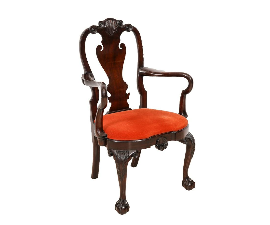 KINDEL CHIPPENDALE STYLE ARMCHAIR: Kindel Chippendale style mahogany open armchair with ball and claw feet. 42.5"h x 22"w x 19.5"d / 18" sh
