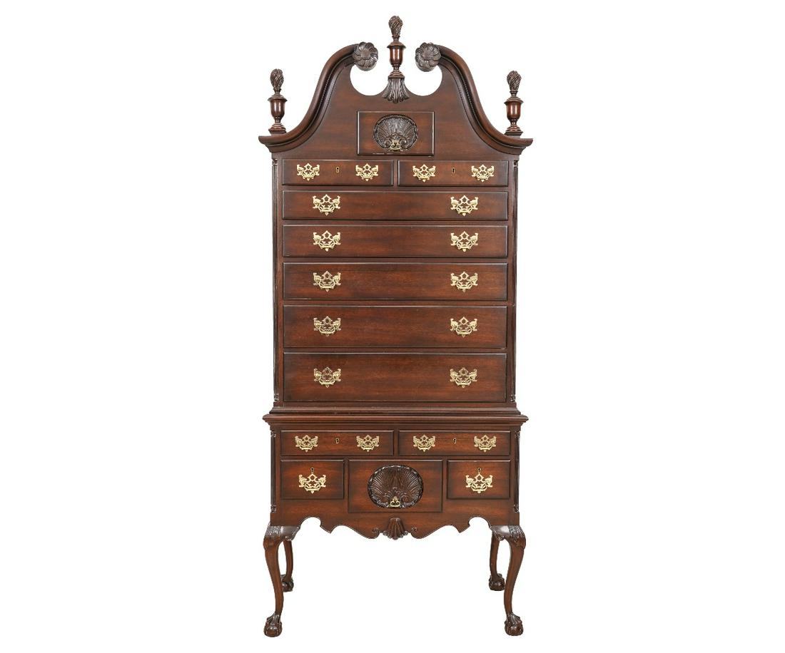 KITTINGER CHIPPENDALE STYLE HIGH BOY: Kittinger Philadelphia Chippendale style mahogany two-piece high boy. 88.5"h x 38"w x 20"d
