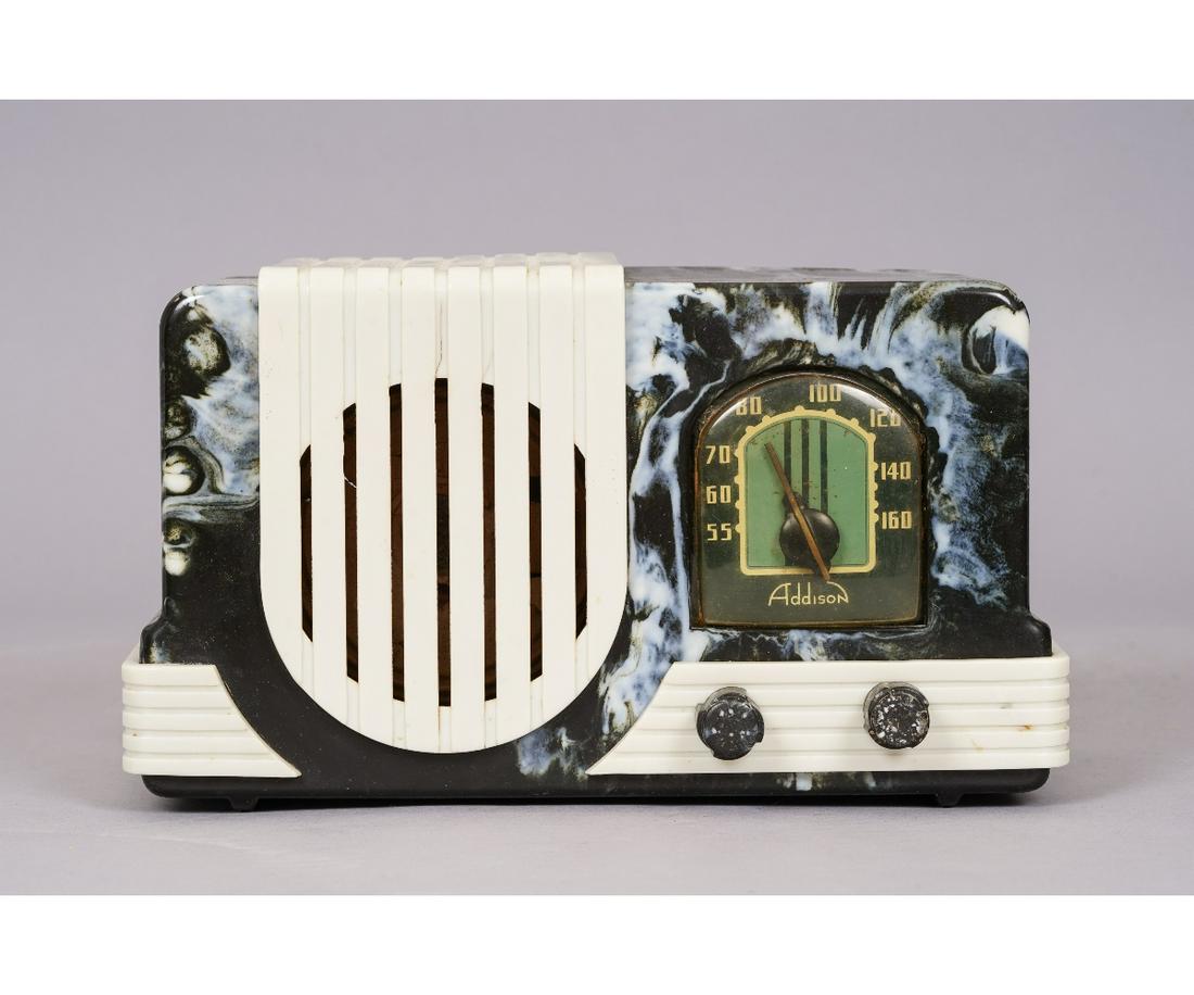 ADDISON WATERFALL R5A1 RADIO: Addison Industries Limited "Waterfall" R5A1radio with marbleized black and white catalin chassis, s# 85021, circa 1946/7. 6"h x 10.5"w x 5"d