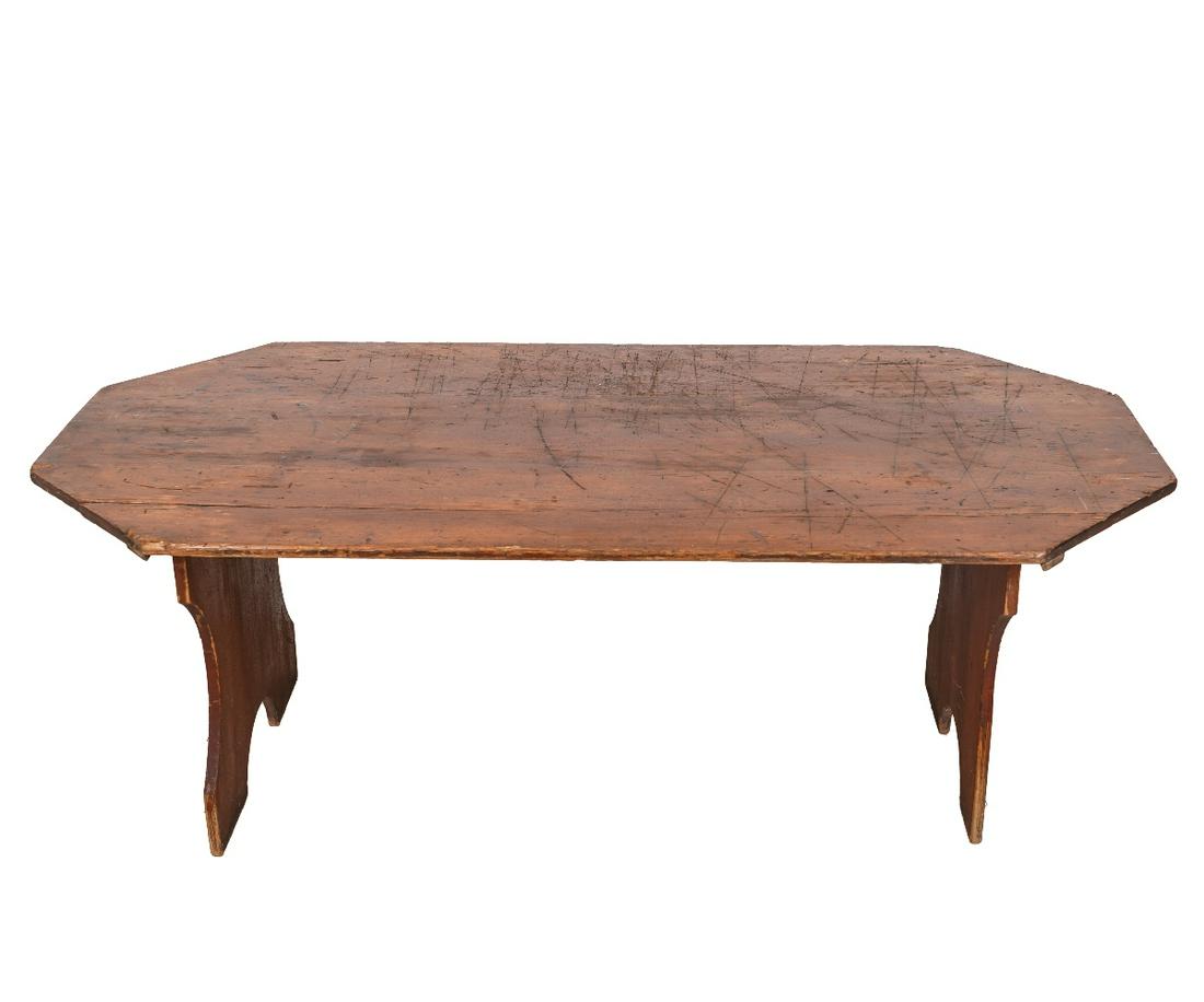 COUNTRY PINE TABLE: Country pine rectangular table with boot jack ends. 22"h x 60"l x 29"d