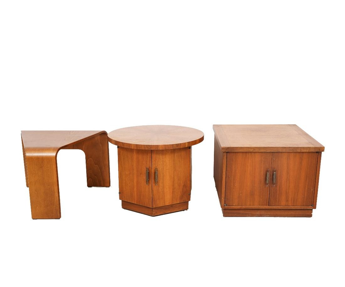 MID-CENTURY TEAK CABINETS: Mid-century Lane teak cabinet; together with a round cabinet and a table, unsigned. 20"h x 26"w x 26"d
