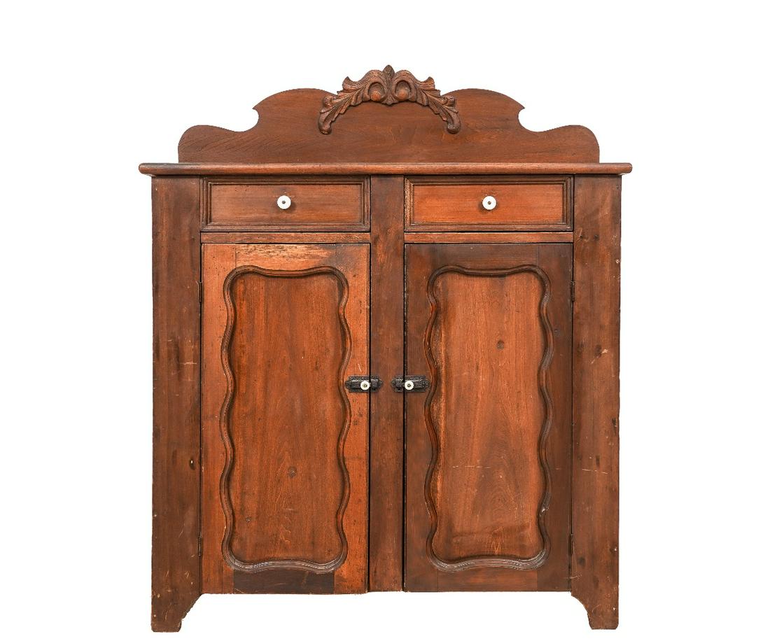 VICTORIAN POPLAR JELLY CUPBOARD: Victorian country poplar jelly cupboard with porcelain knobs. 53.5"h x 43.75"w x 17.5d