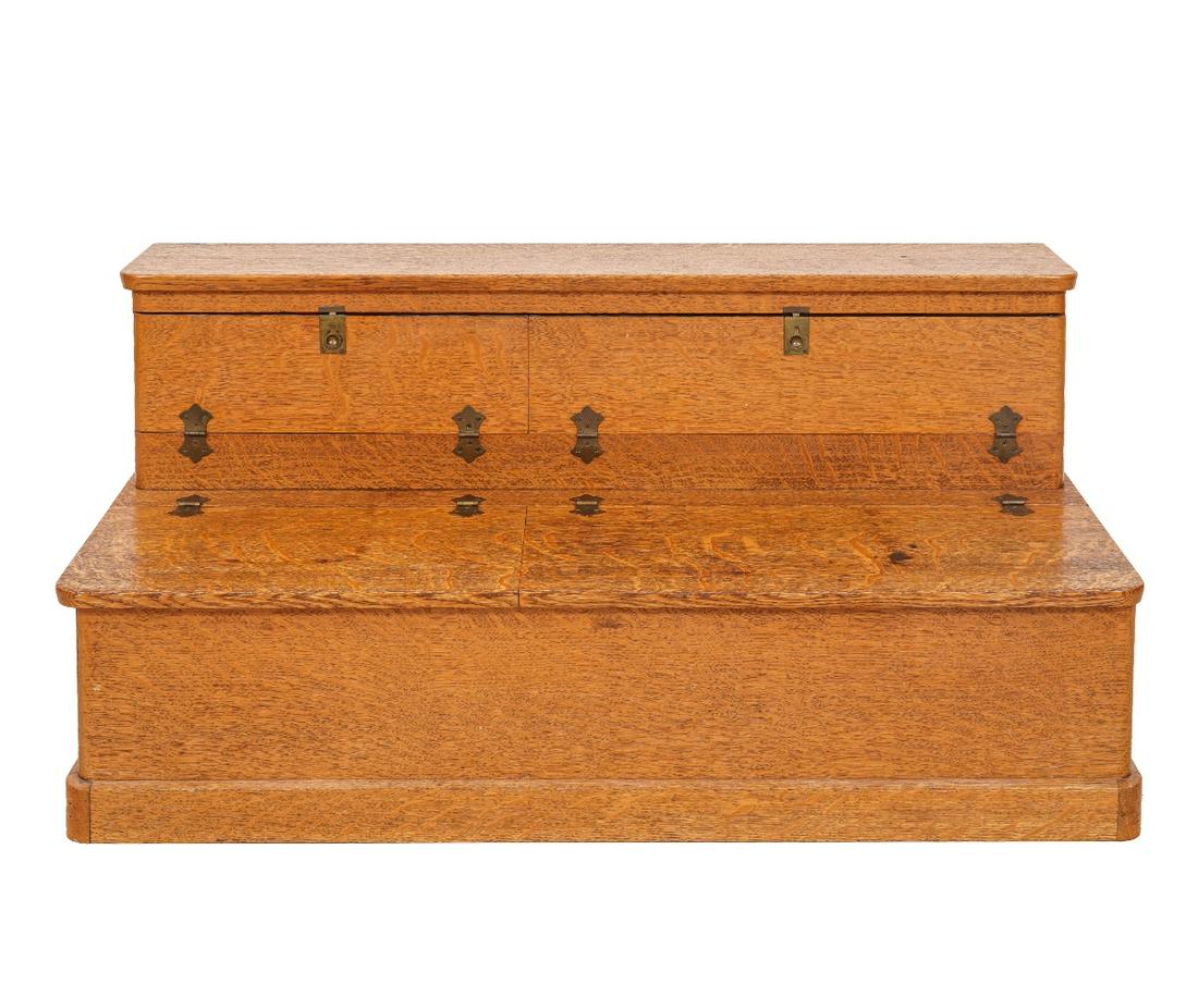 OAK BEDROOM STEPS: Two-part oak bedroom steps with brass fittings, circa 1900. 24"h x 49.25"w x 22"d