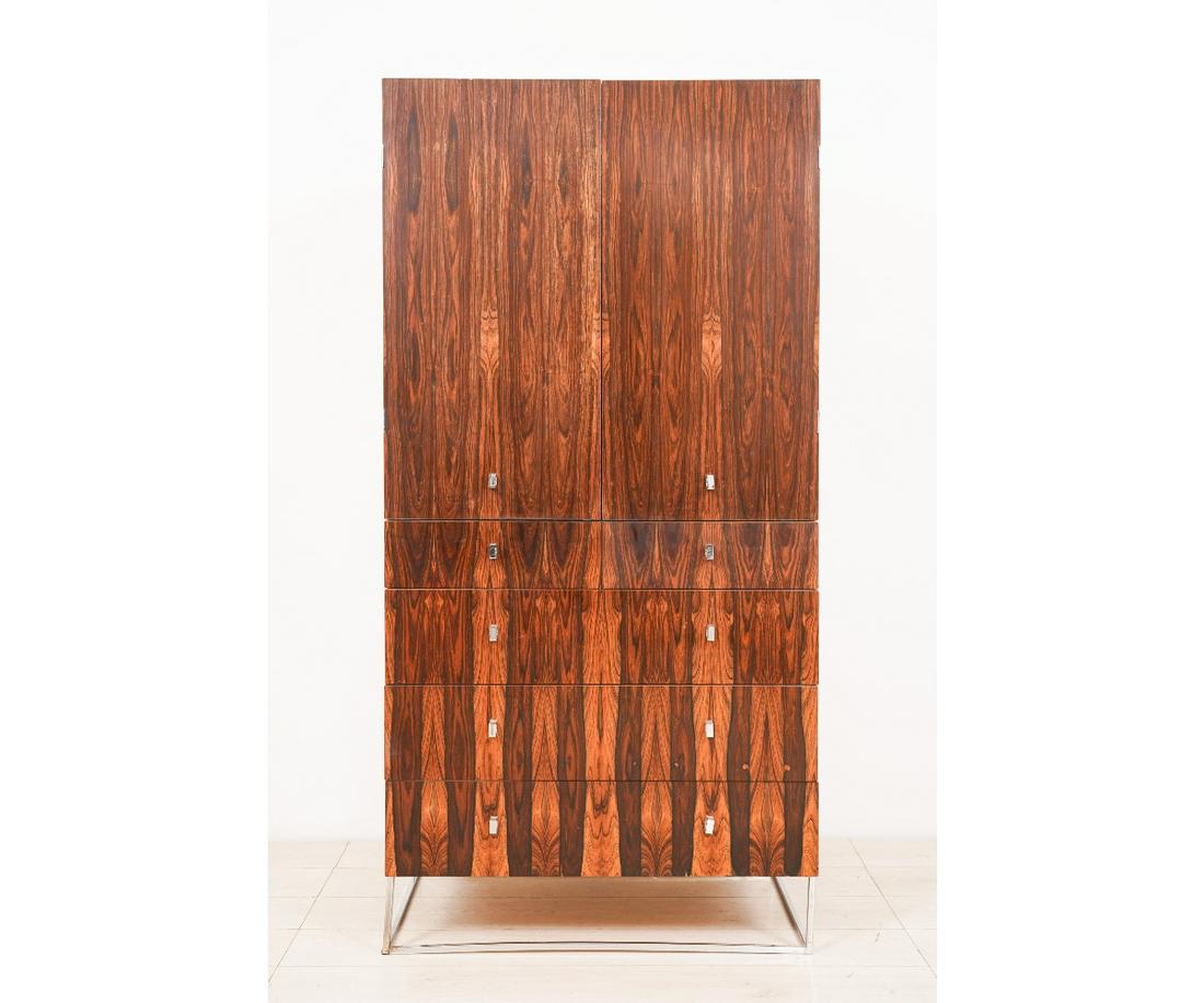 ROGER ROUGIER MODERNIST ARMOIRE: Figured wood and chrome modern armoire by Roger Rougier. 64"h x 32"w x 20"d