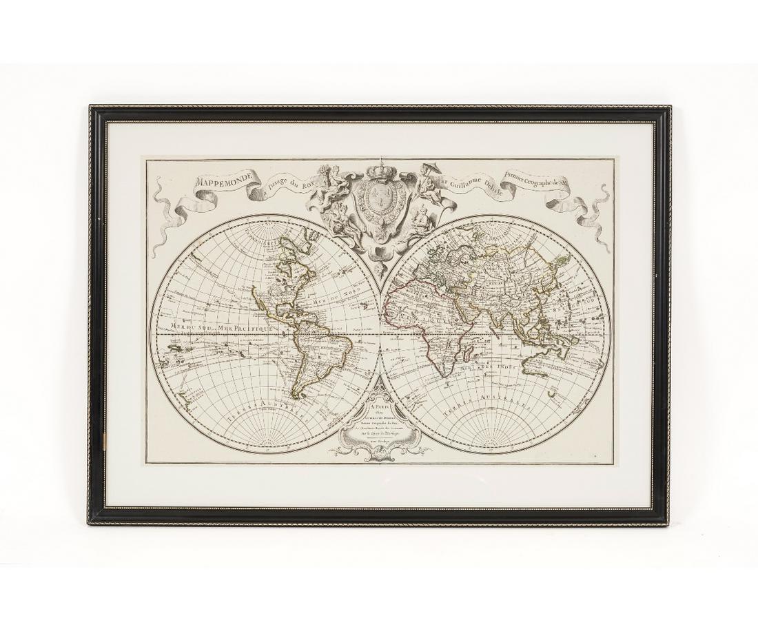 WORLD MAP: Framed and matted World Map by A Paris Chez Guillaume DeLisle, 1720. Provenance: The Philadelphia Print Shop 17" x 26" ss / 23.5" x 33.5" oa