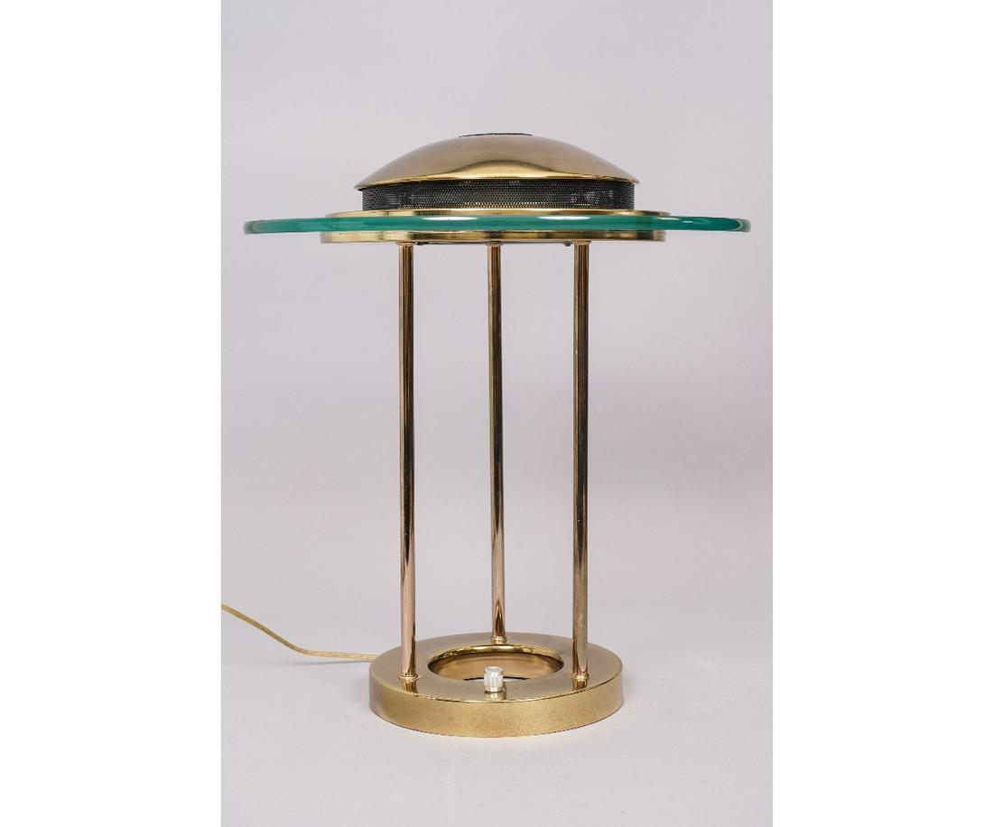 ROBERT SONNEMAN SATURN LAMP: Robert Sonneman vintage 1980's modernist "Saturn" brass/glass desk lamp. 19"h x 16"w