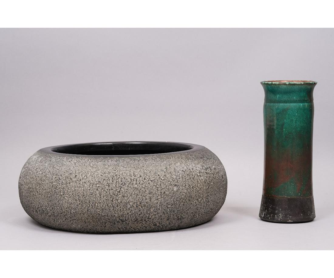 TONY EVANS RAKU POTTERY: Tony Evans Raku method vase and a Filipino blue stone bowl. Vase: 11.5"h / Bowl: 18"dia