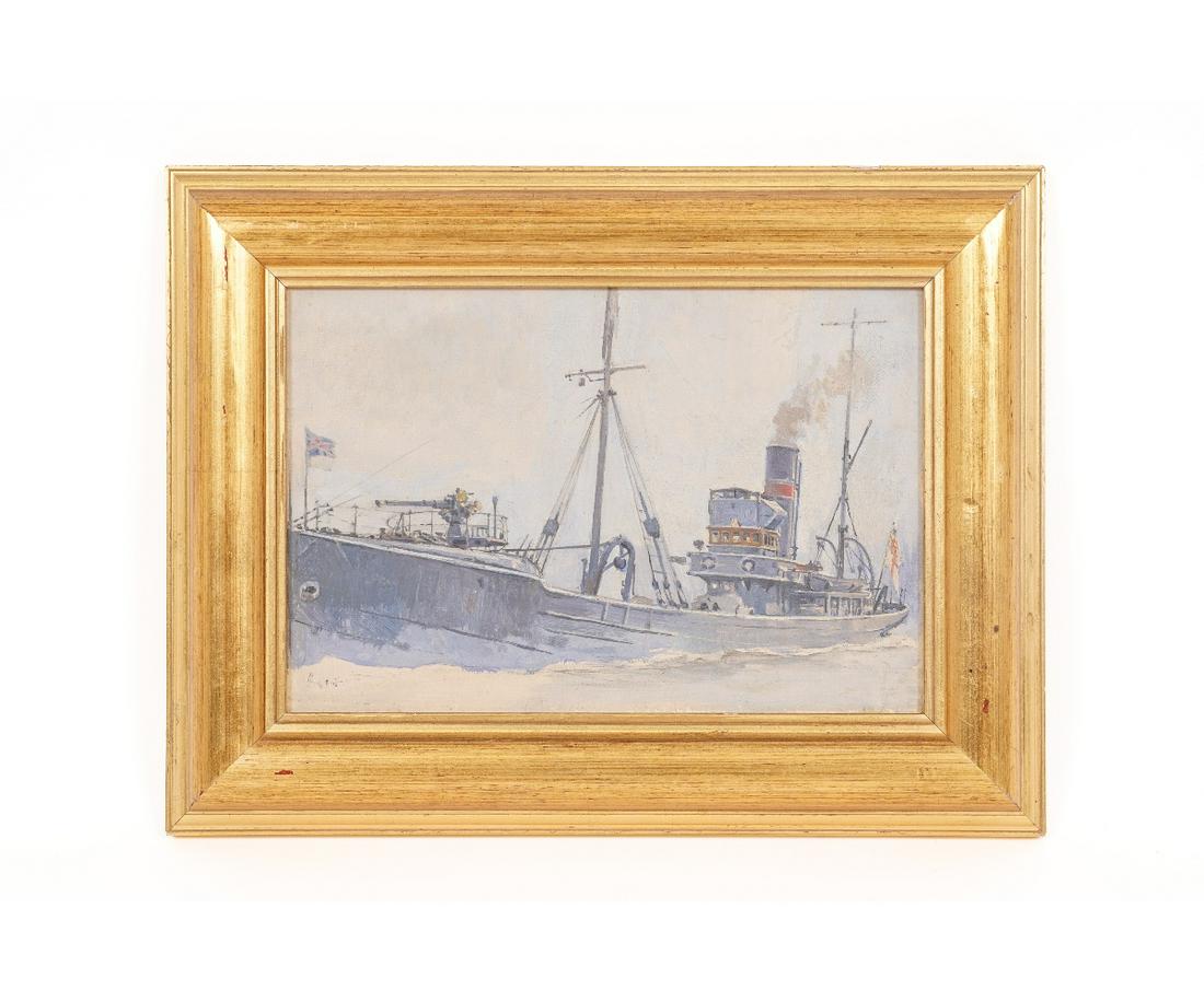 OIL ON BOARD BRITISH GUN BOAT: Oil on artist board of a British gun boat, signed indistinctly, mounted in a gilt frame. 7.75" x 11.5" ss / 12.5" x 16.5" oa