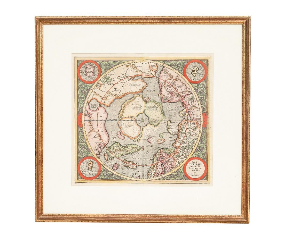FIRST MAP OF THE NORTH POLE: Colorful first map of the North Pole and arctic, Gerard Mercator, Amsterdam, Jodocus Hondius (1595-1609). Provenance: The Philadelphia Print Shop 15" x 16" ss / 23.5" x 24.5" oa