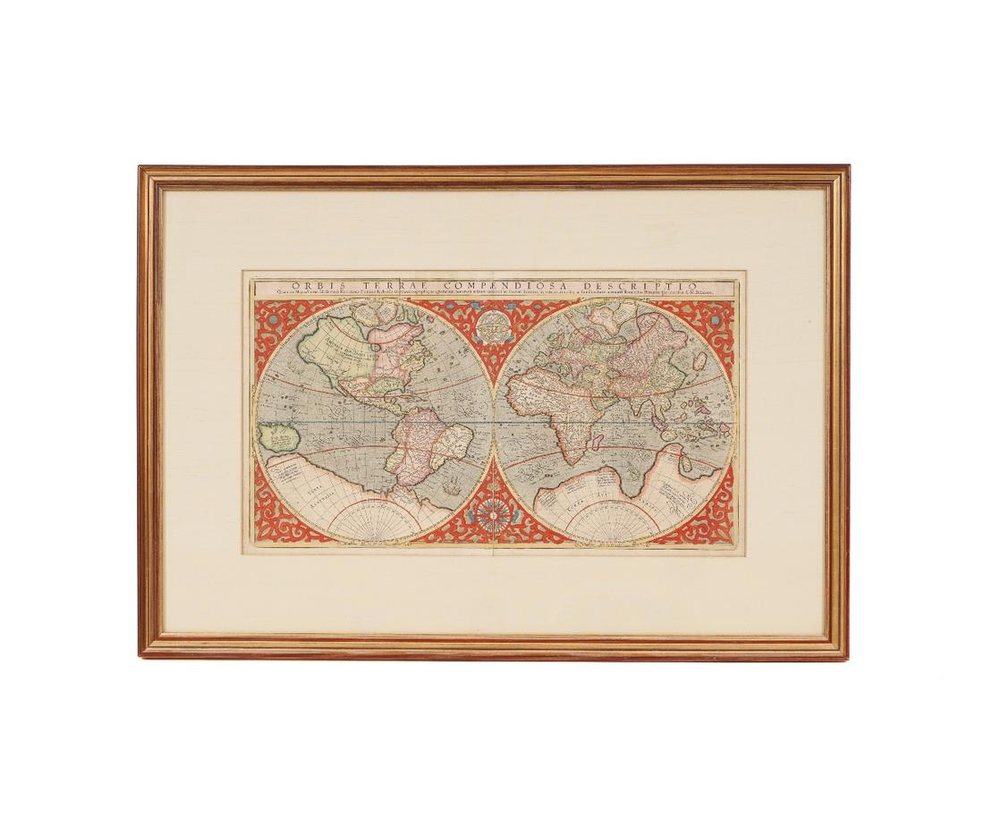 WORLD MAP GERHARD AND RUMOLD MERCATOR: Framed and matted World Map, Gerhard and Rumold Mercator, Amsterdam: Jodocus Hontius, 1609, hand colored. Provenance: The Philadelphia Print Shop 12" x 21" ss / 20.5" x 29.5" oa