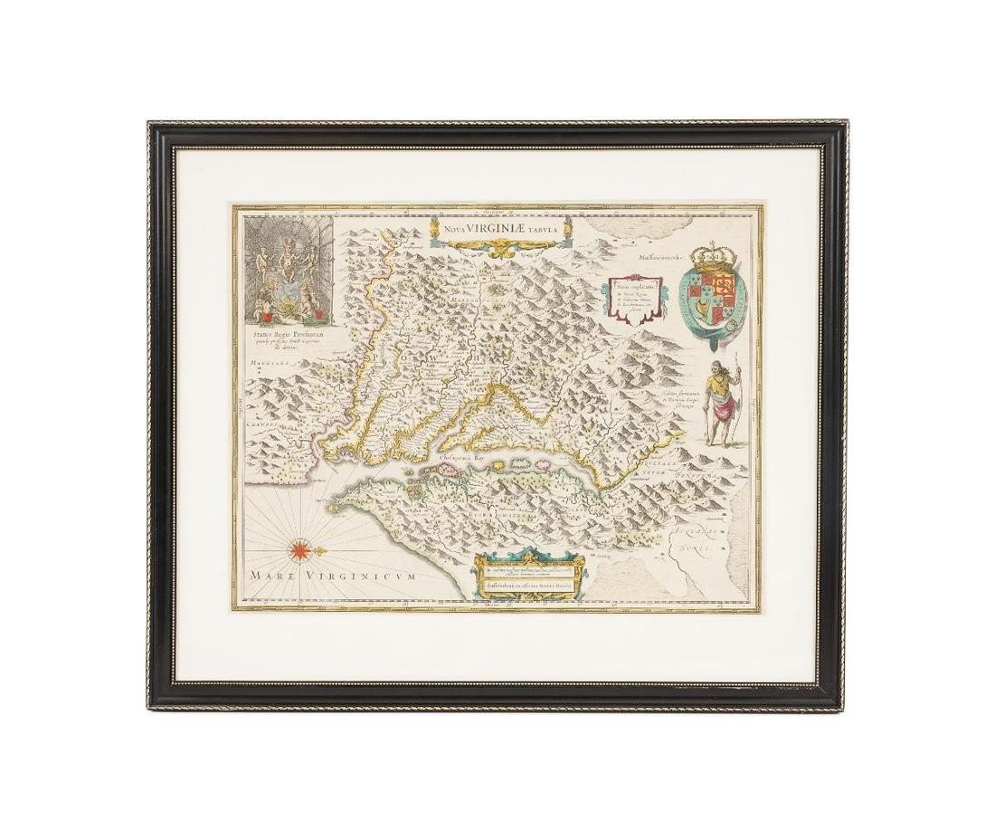 HAND COLORED MAP OF VIRGINIA: Hand colored map of Virginia 1653, framed and matted. Provenance: Tooley's of London, England 15" x 19" ss / 21.5" x 25.5" oa