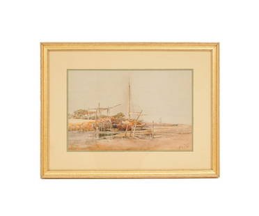 PROSPER LOUIS SENAT WATERCOLOR: Prosper Louis Senat (1852-1925, PA/CA/ME) watercolor of New Jersey marsh with boats and a dock, titled verso "Autumn morning on the thoroughfaire - Atlantic City". 11.5"ss / 19.5" x 26"oa