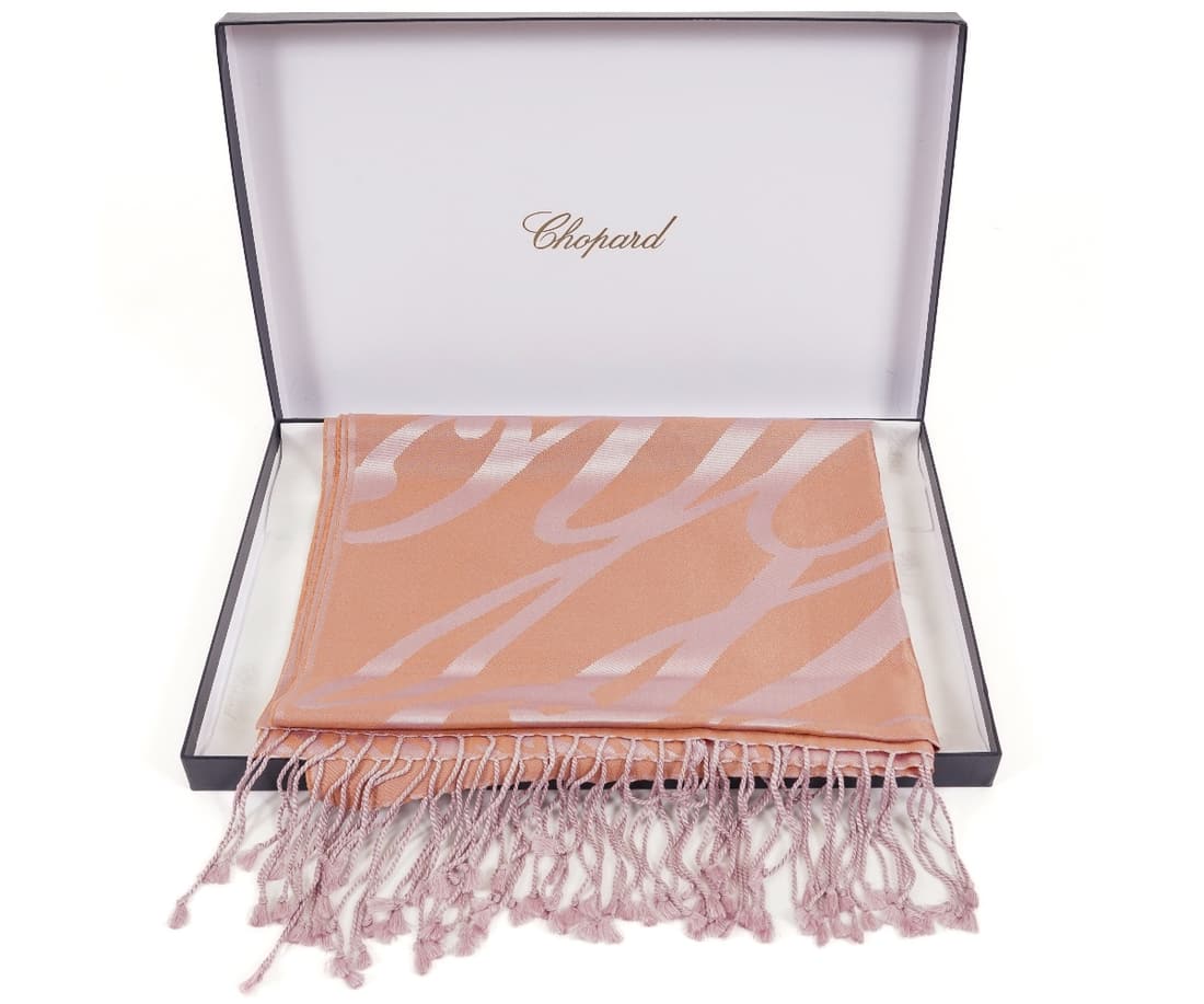 CHOPARD SCARF: Chopard pink and salmon color logo scarf, jacquard weave, tassel edge, 100% silk. Original box. 79"l x 23"w