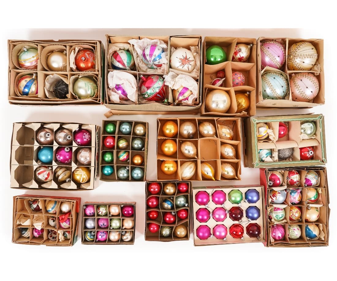 COLLECTION OF BOXED GLASS ORNAMENTS: Collection of thirteen boxes of glass Christmas ornaments in original boxes from circa 1960's by Shiny Brite, Fantasia brand etc.