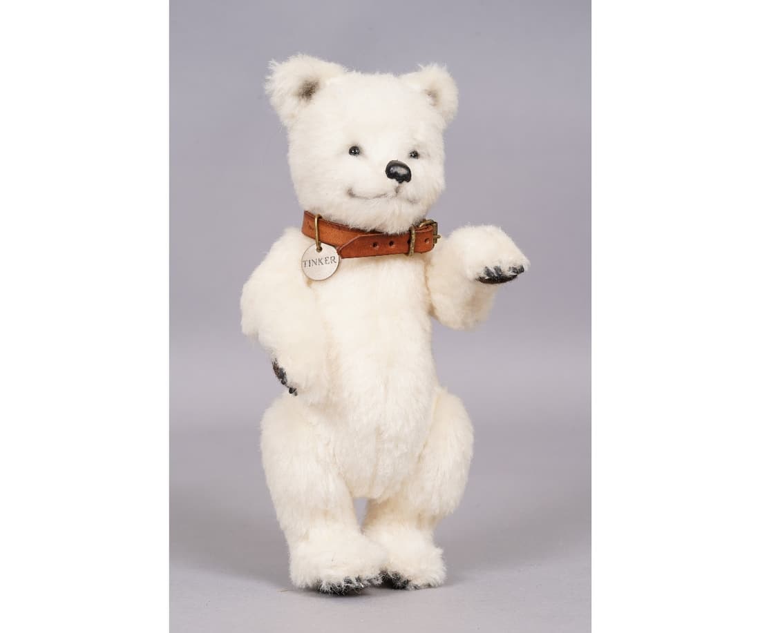 R. JOHN WRIGHT TINKER TAG BEAR: R. John Wright Tinker doll of the Tag Bear Series, made of alpaca and mohair plush and fully jointed, limited edition 251 of 500, with original cylindrical wooden box. One of three bears in series. 9"