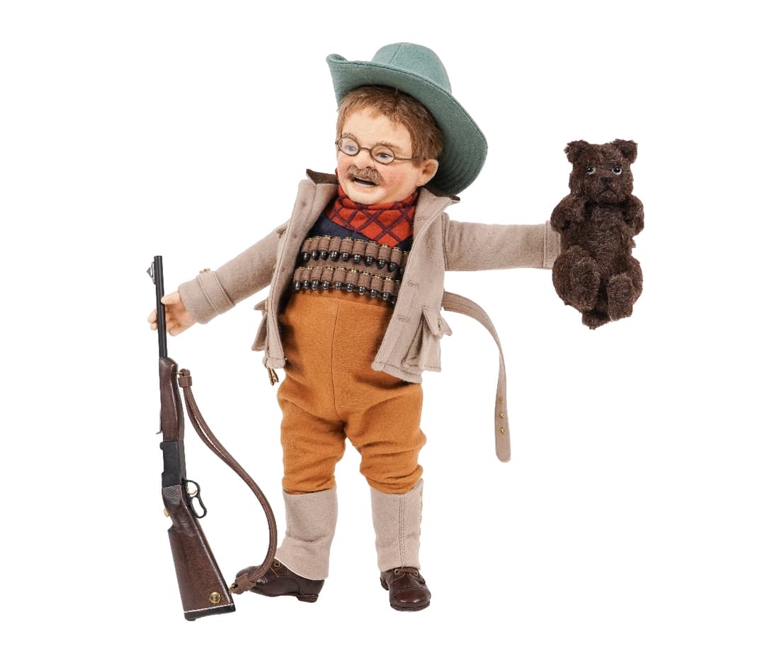 R. JOHN WRIGHT TEDDY ROOSEVELT: R. John Wright "Teddy Roosevelt - Mississippi Bear Hunt" character doll, limited edition 98 of 500, all wool felt and fully jointed, mohair wig, mustache, and hand-painted facial features; dressed in