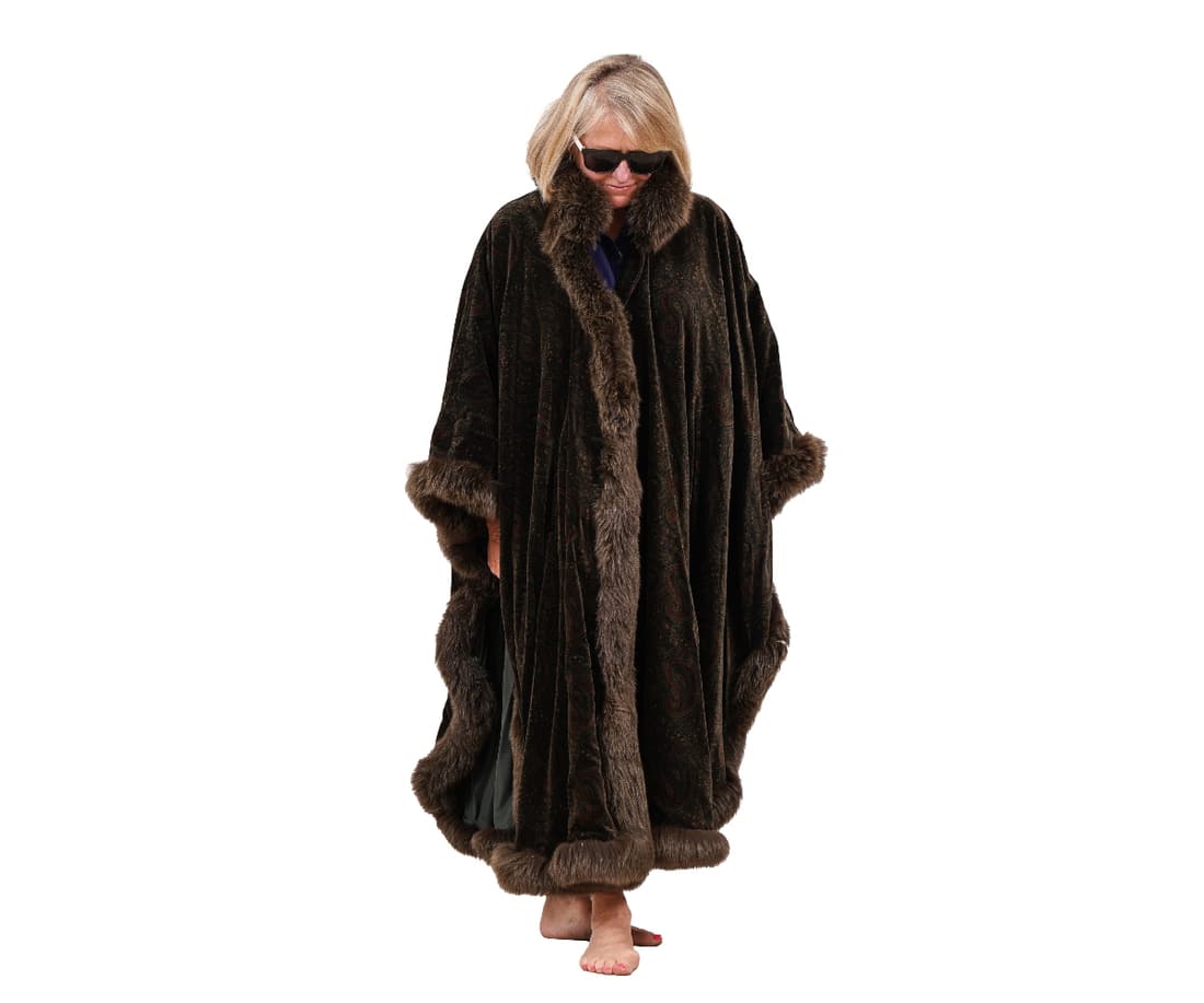 VELVET AND RABBIT TRIM COAT: Paisley velvet evening cape with rabbit trim with pockets and buttons down the front. 49"l