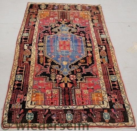 Persian oriental hall runner with a blue center m: Persian oriental hall runner with a blue center medallion and overall red field. 7’x3’10”