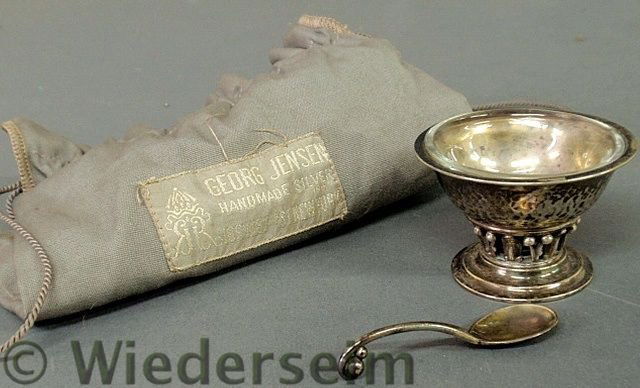 Georg Jensen, Denmark, c. 1925 silver master salt: Georg Jensen, Denmark, c. 1925 silver master salt with a glass liner 1.5”h.x2.25”dia. with matching salt spoon 2.5”l.,original pouch and original bill of sale.