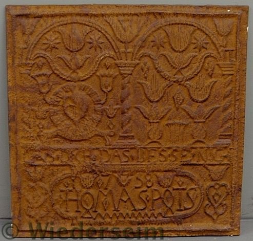 Reproduction cast iron fireback “Thomas Potts, 17: Reproduction cast iron fireback “Thomas Potts, 1738”. 23”x23”