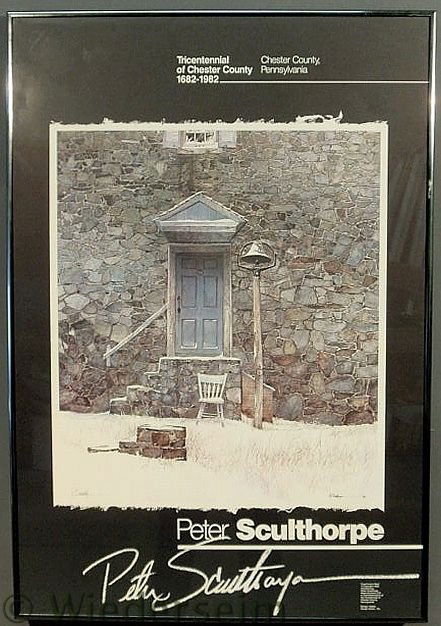 Framed poster depicting Peter Sculthorpe’s painti: Framed poster depicting Peter Sculthorpe’s painting titled “Coachman’s Post” commemorating the Tri-Centennial of Chester County, Pennsylvania, pencil signed by the artist l.l. “P. Sculthorpe