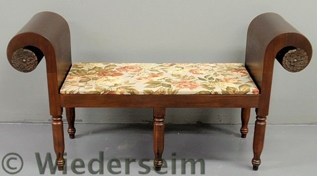 Sheraton style window bench with scrolled arm sup: Sheraton style window bench with scrolled arm support with applied tin rosettes and six turned legs. 29.75”h.x58”w.x18”d., seat 18”h.