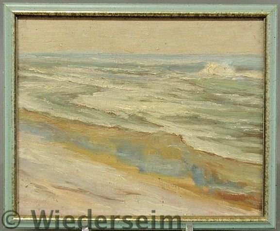 Baum, Walter Emerson [American/Pennsylvania, 1884: Baum, Walter Emerson [American/Pennsylvania, 1884-1956] oil on board beach scene painting titled verso “Beach at Barnegat” and signed verso “W.E. Baum ‘39”. 7.75”x9.5”