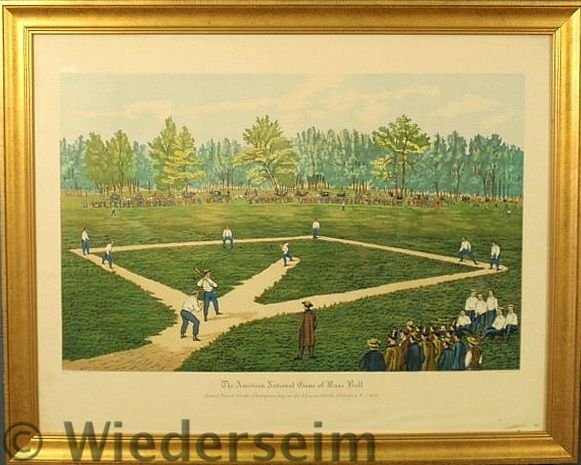 Framed colorful baseball game print “The American: Framed colorful baseball game print “The American National Game of Base Ball”, copyright by Sidney Z. Lucas. 19.5”x25.5”