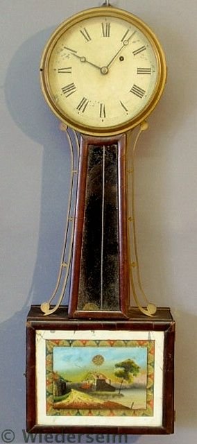 Mahogany banjo clock, 19th c., with reverse paint: Mahogany banjo clock, 19th c., with reverse painted lower panel. As found. 29”h.x10”w.