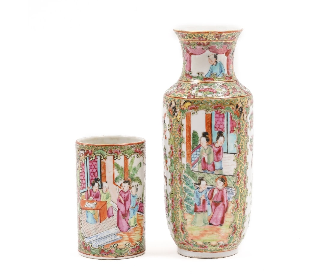 CHINESE PORCELAIN ROSE MEDALLION: Chinese porcelain Rose Medallion vase; together with a brush pot, 19th c. Vase: 9" x 3.5"