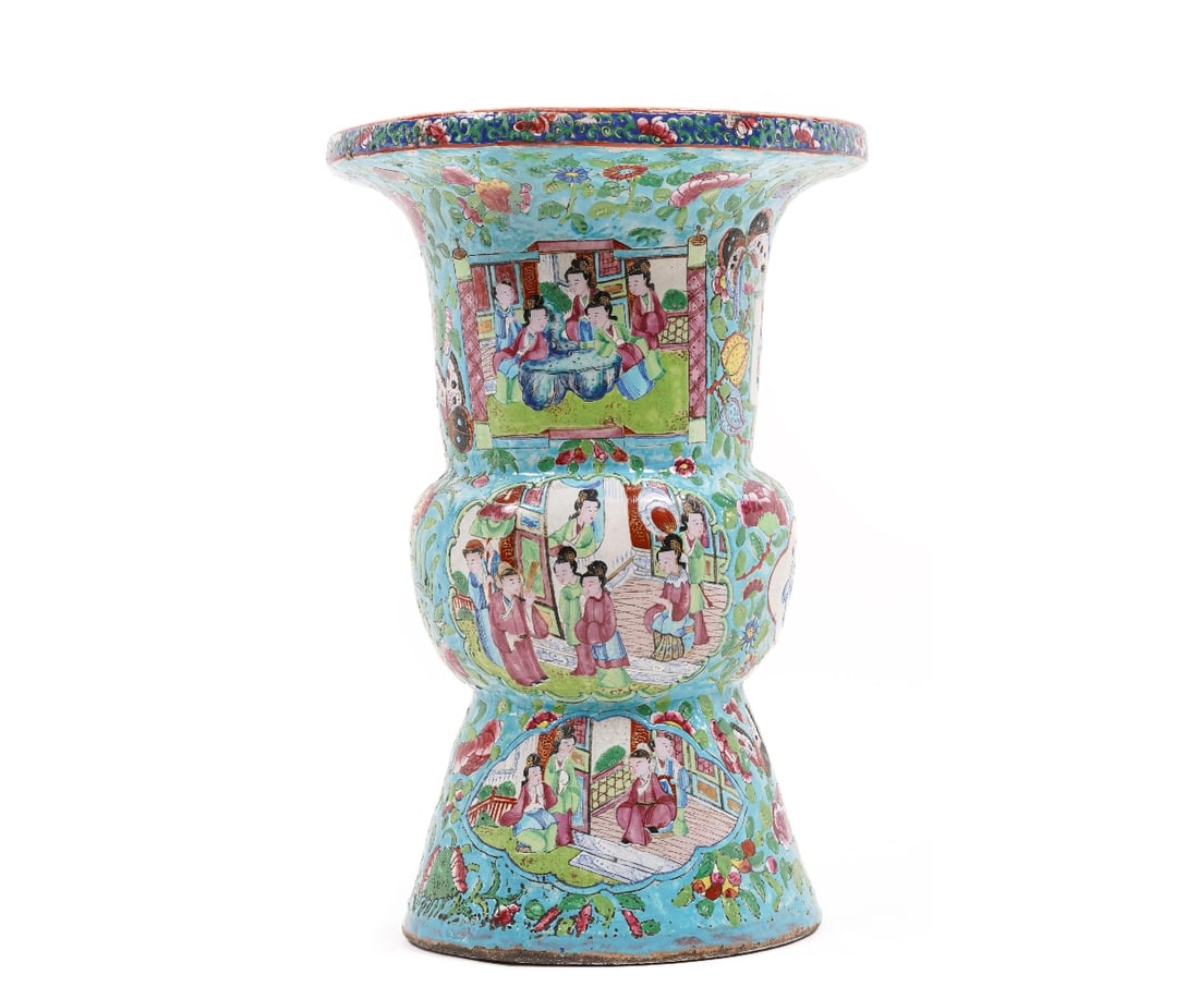 CHINESE ROSE MEDALLION VASE: Chinese Rose Medallion vase, 19th c., with unusual turquoise background and figural pattern. 14"h x 9.5"dia
