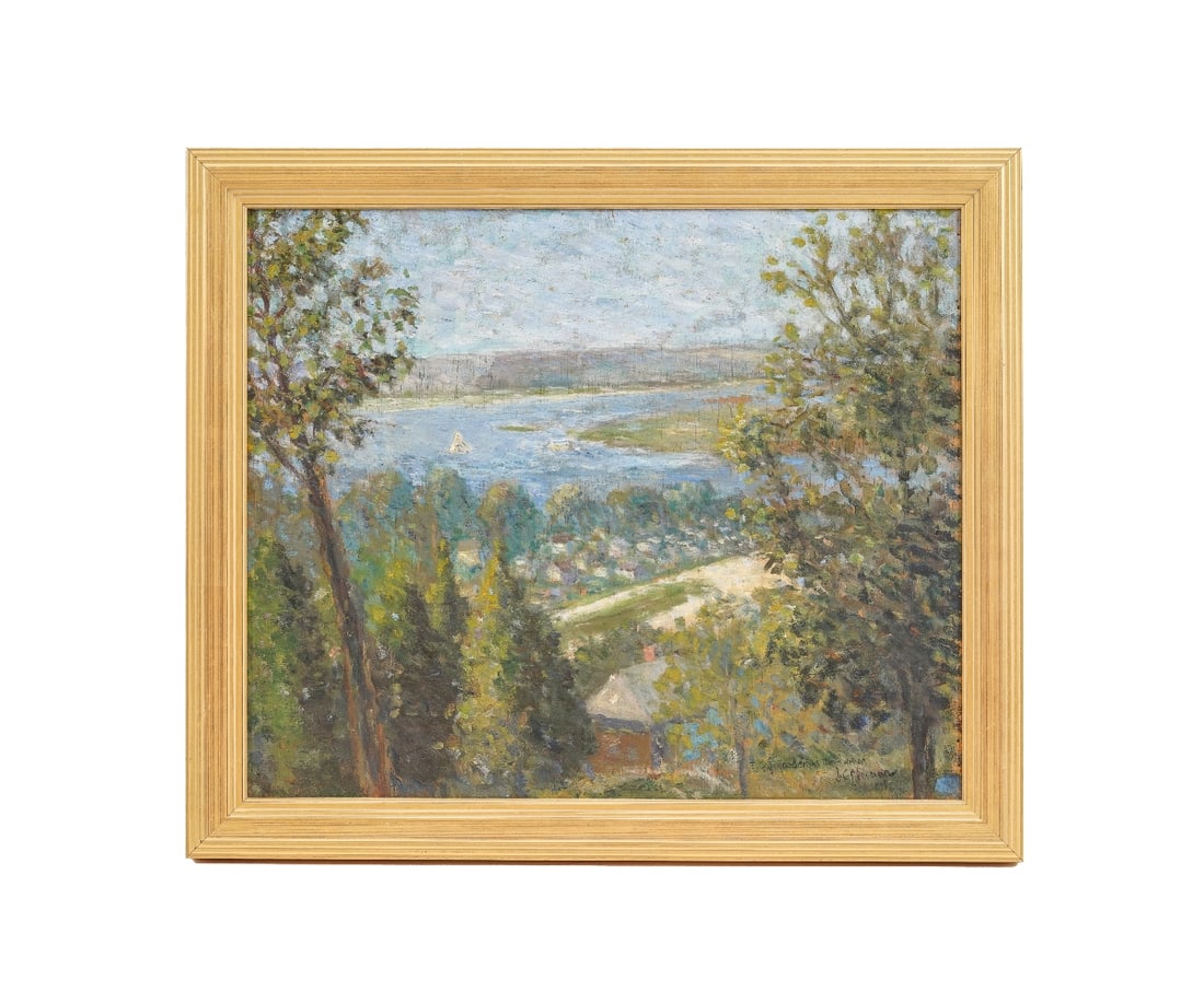 J.C. FIREMAN OIL ON BOARD: J.C. Fireman oil on board Impressionist of a village overlooking body of water with sailboats, signed "To my Good Friend Merriwether" '15, mounted in a frame of a later date.13.5" x 16.5" ss / 16.5" x