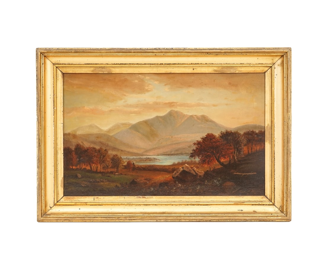 OIL ON CANVAS LANDSCAPE: Oil on canvas of a fall landscape, circa 1870, with water and mountains, signed Laura M. Wilson(?) 1875. 15" x 23.5" ss / 20" x 29" oa