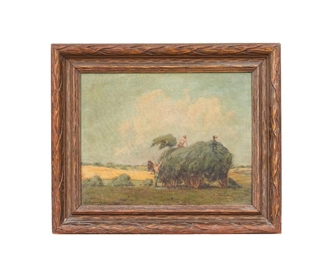 JAMES HENRY HAGAMAN OIL ON CANVAS: James Henry Hagaman (1866-1946, NY/MI) oil on canvas of a wagon of hay with farm hands. 13.5" x 17.5" ss / 19.5" x 23.5" oa