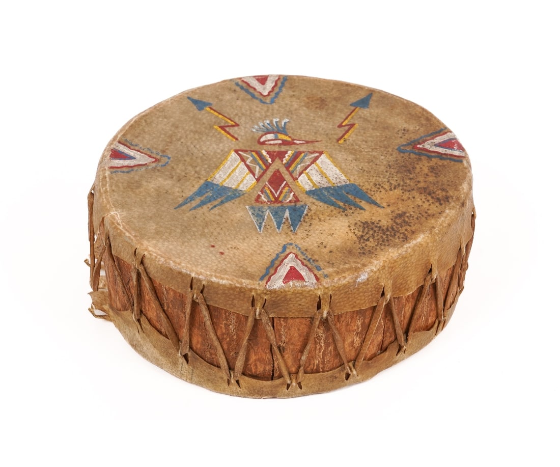 SOUTHWEST INDIAN DRUM: Southwest Indian drum made of wood and leather, probably 1930's-1950's. 4.75"h x 11"dia