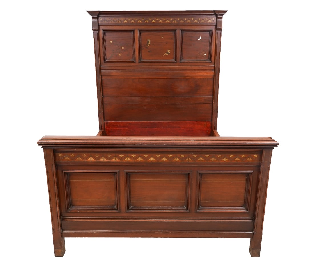 A & H LEJAMBRE MAHOGANY BED: A & H. LeJambre American mahogany bed, circa 1870, decorated with brass inlays, mother-of-pearl, with an owl, bats, flowers and a spider. 71.75"h x 63.5"w x 81"d / Inside rail: 57"w