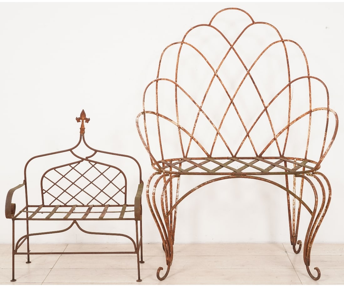 IRON GARDEN FURNITURE: Outdoor iron garden settee, 20th c.; together with a child's example. Settee: 50.5"h x 38"w x 15"d / 20.5" SH