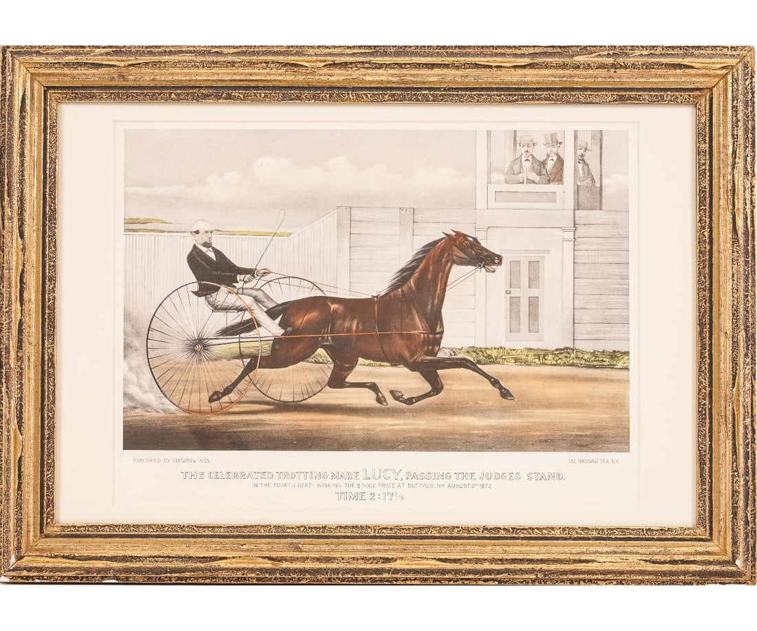 CURRIER & IVES LUCY THE TROTTER: Framed and matted Currier & Ives titled "...Trotting Mare Lucy...". 10.75" x 14.5" ss / 15" x 21" oa