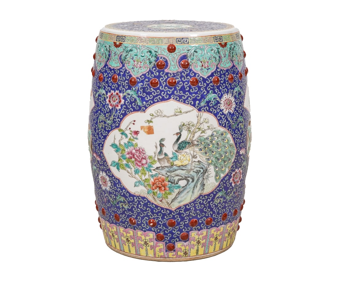 CHINESE PORCELAIN GARDEN SEAT: Colorful Chinese porcelain garden seat, 20th c. 19"h x 12.5"dia