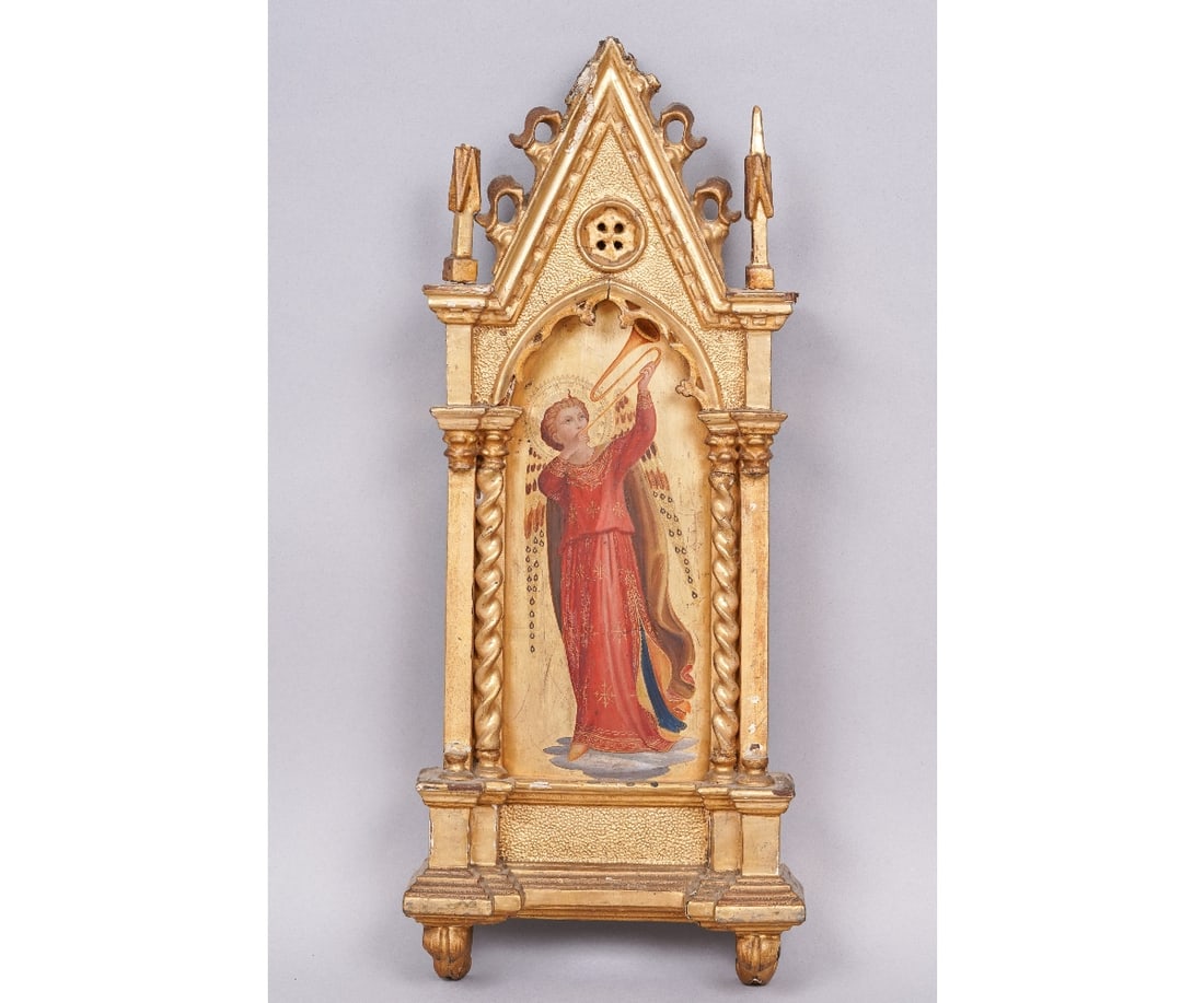ITALIAN FLORENTINE GILT WALL PLAQUE: Italian Florentine gilt and painted Gothic Renaissance wall plaque circa 1850. 19"h x 7"w x 3"d