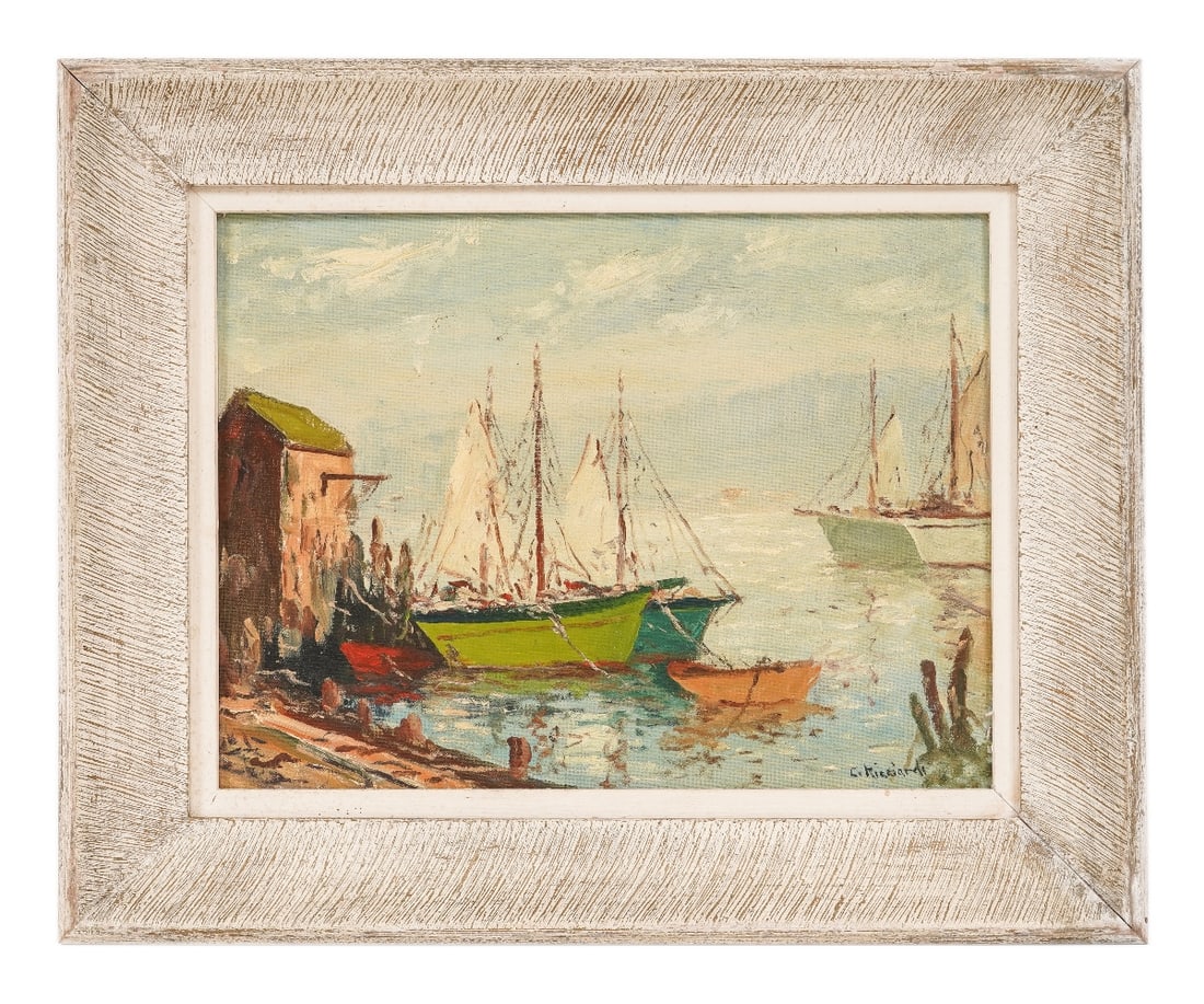 CESARE A. RICCIARDI OIL ON BOARD: Cesare A. Ricciardi (1872-1973, PA/Italy) oil on artist board of ships in harbor. 11.5" x 15.5" ss / 17.5" x 21.25" oa