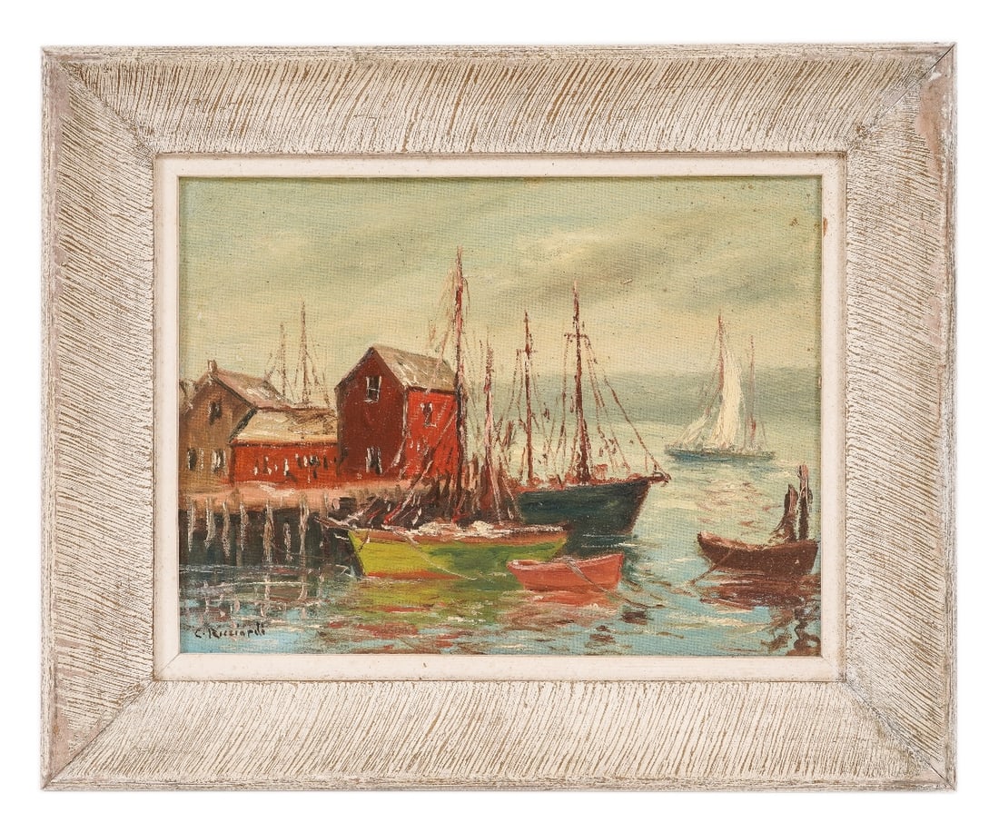 CESARE A. RICCIARDI OIL ON BOARD: Cesare A. Ricciardi (1872-1973, PA/Italy) oil on artist board of ships in harbor. 11.5" x 15.5" ss / 17.5" x 21.25" oa
